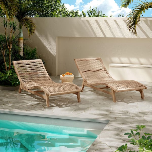 Kublai Light Teak Amalfi Solid Wood and Wicker Woven Outdoor Chaise Lounge, (Set of 2)