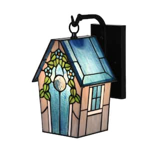 Meadow 1-Light Oil-Rubbed Bronze Outdoor Wall Lantern Sconce Exterior Light with Birdhouse Look in Blue Stained Glass