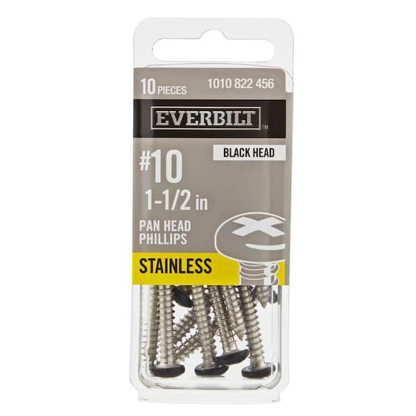 Everbilt #10 x 1-1/2 in. Black Stainless Steel Phillips Pan Head Standard Sheet Metal Screw (10-Pack)