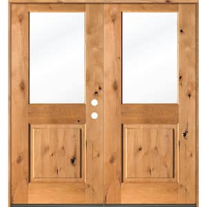 64 in. x 80 in. Rustic Knotty Alder Clear Half-Lite Clear Stain Wood Left Active Inswing Double Prehung Front Door