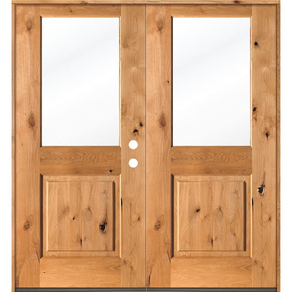 Krosswood Doors 64 in. x 80 in. Rustic Knotty Alder Clear Half-Lite Clear Stain Wood Left Active Inswing Double Prehung Front Door