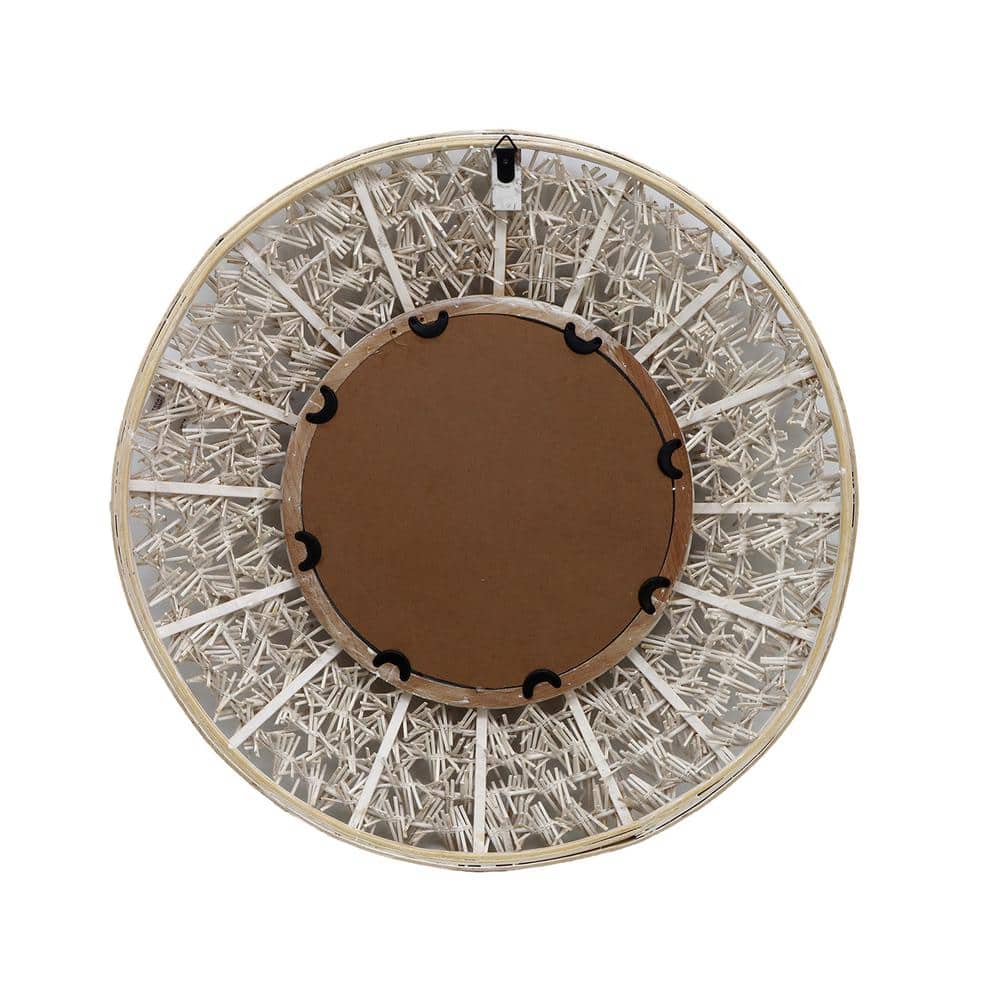 24 Inch Round Whitewashed Rattan and Bamboo Decorative Wall Mirror