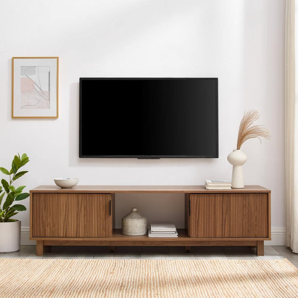 Low Blue TV Cabinet with Oak Reeded Trim - Transitional - Living Room