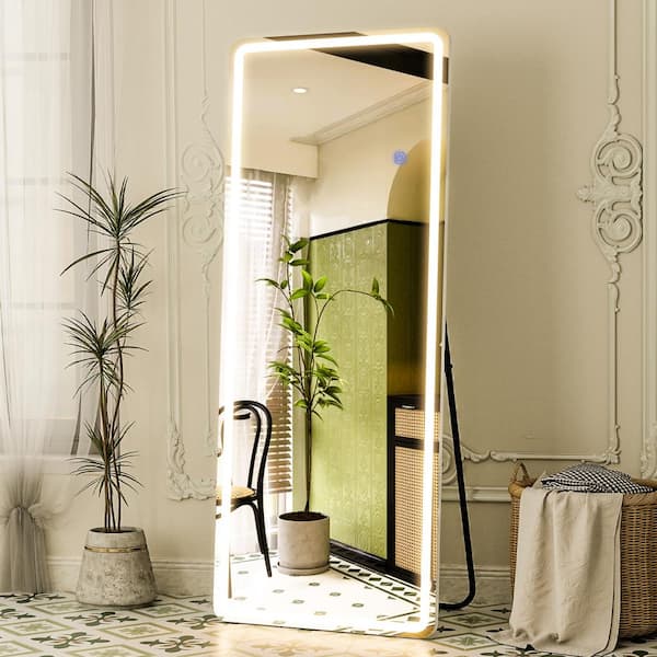 16 in. W x 60 in. H LED Light Rectangular White Aluminum Alloy Framed Rounded Full Length Mirror Floor Mirror