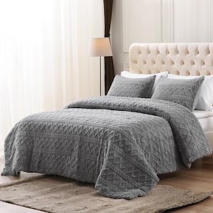Three-Dimensional Carved Plush 3-Piece Grey Polyester Full/Queen Comforter Set