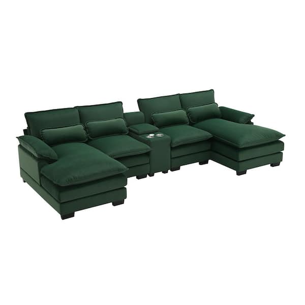 LUCKY ONE 123 in. x 55 in. Pillow Top Arm Velvet U-Shaped 6-Seat Sofa with Console Cupholders USB Ports in Green