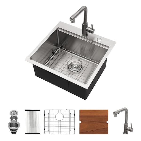 21 in. Drop-in Single Bowl 16-Gauge Stainless Steel Brushed Workstation Kitchen Sink Bar Sink with Faucet.