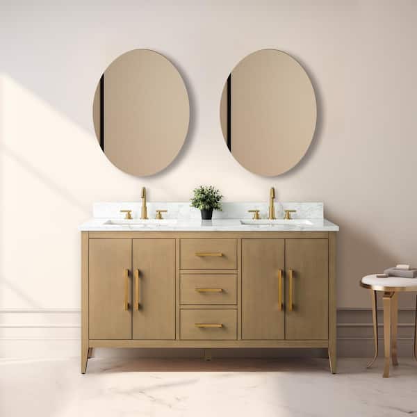 Vanity Art 60 in. W x 22 in. D x 34 in. H Double-Sink Bathroom Vanity in Natural Oak with Engineered Marble Top in Arabescato White