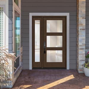 Regency 51 in. x 80 in. Modern 3-Lite Equal Clear Glass RHOS Hickory Mahogany Fiberglass Prehung Front Door 12 in. SL