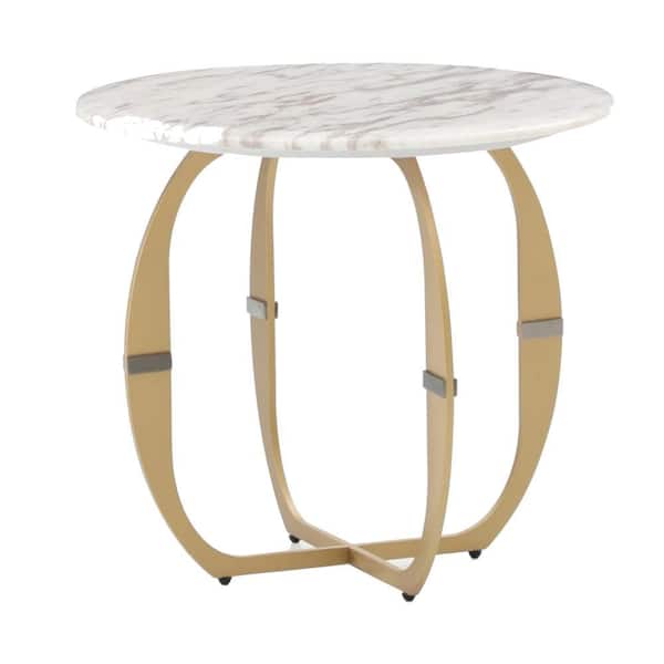 Benjara 21.5 in. White and Gold Round Marble End Table with Gun Metal Accent