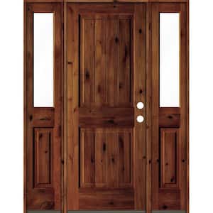 58 in. x 80 in. Rustic Alder Square Red Chestnut Stained Wood V-Groove Left Hand Single Prehung Front Door