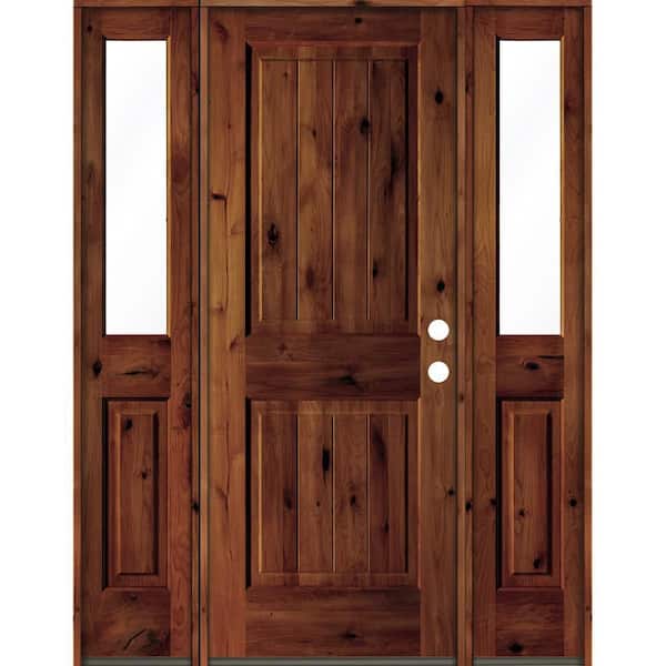 Krosswood Doors 58 in. x 80 in. Rustic Alder Square Red Chestnut Stained Wood V-Groove Left Hand Single Prehung Front Door