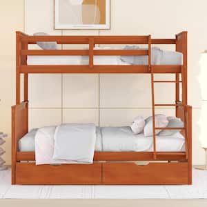 Walnut Twin Over Full Bunk Bed with Two Drawers, Solid Wood Bunk Bed Frame, Can be Converted Into 2 Separate Beds
