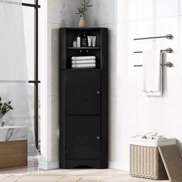 FAMYYT 17 in. W x 13 in. D x 61 in. H Corner Black Freestanding Linen Cabinet with Doors and Adjustable Shelves