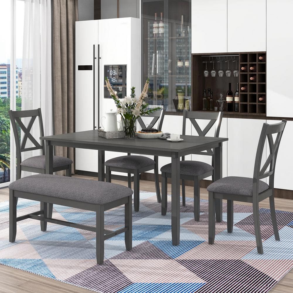 Qualler Gray 6-Piece Wood Top Dining Table with 4 Chairs and Bench ...