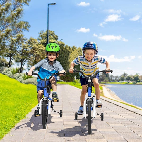 18 in. Kid's Bike with Removable Training Wheels and Basket for 4-Years to 8-Years Old Boys Girls Blue