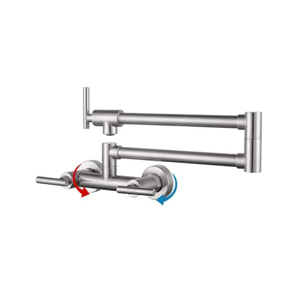 AVITAS Wall Mount 2-Hole Pot Filler with Hot and Cold Control and Folding Stretchable 3-Handle in Brushed Nickel
