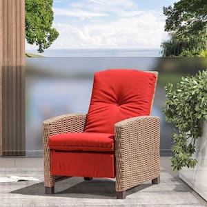 Wicker Indoor and Outdoor Recliner, All-Weather Reclining Patio Chair with Red Cushion