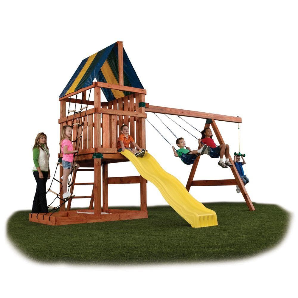Wooden Playground System with Slide, Swing, and Fort