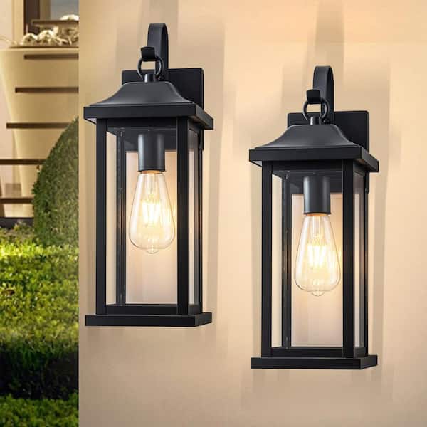 16.75 in. Black Outdoor Hardwired Wall Lantern Sconce with Clear Tempered Glass, No Bulbs Included