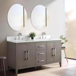 60 in. W x 22 in. D x 34 in. H Double Sink Bathroom Vanity Cabinet in Driftwood Gray with Engineered Marble Top in White