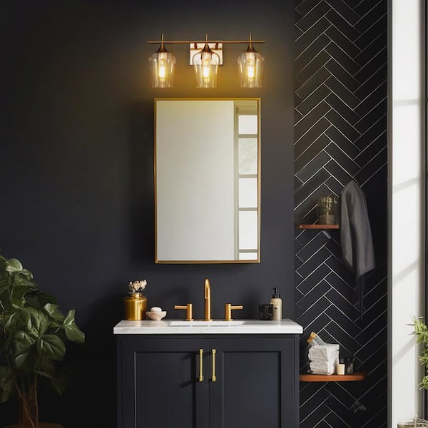 Uolfin Modern Brass Bathroom Vanity Light 20 in. 3-Light Black Gold Powder  Room