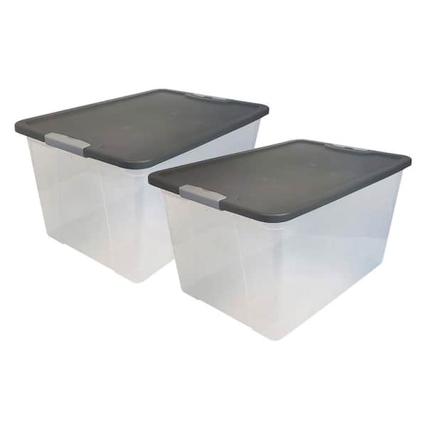HOMZ 64 Qt. Clear Latching Storage Tote Container with Gray Lid (2-Pack)