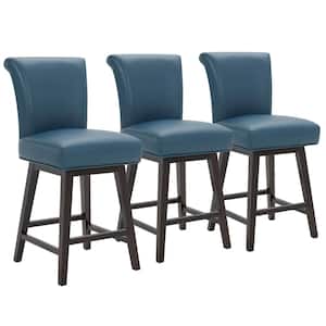 Dennis 26 in. Dark Blue High Back Solid Wood Frame Swivel Counter Height Bar Stool with Faux Leather Seat(Set of 3)