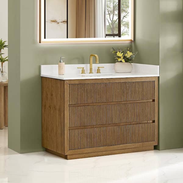 Navan 48 in. Single Freestanding Weathered Brown Bath Vanity with Grain White Engineered Stone Top Assembled
