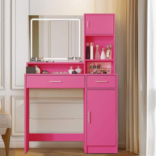 Unbranded Rose Pink Wood Modern Makeup Vanity Desk Dressing Table Vanity Table with Mirror, LED Light, Drawer and Storage Shelves
