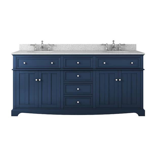 Fremont 72 in. Double Sink Navy Blue Bath Vanity with Grey Granite Top (Assembled)