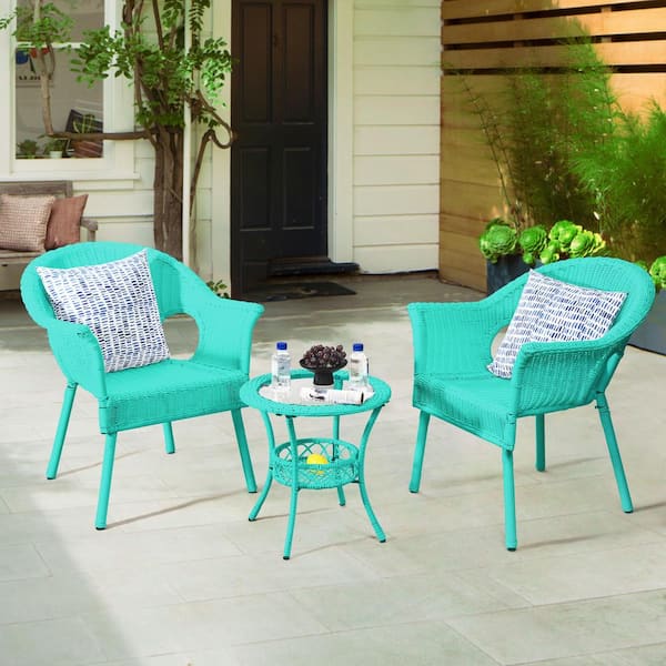Sudzendf Blue 3-Piece Wicker Outdoor Bistro Set with Outdoor Side Table