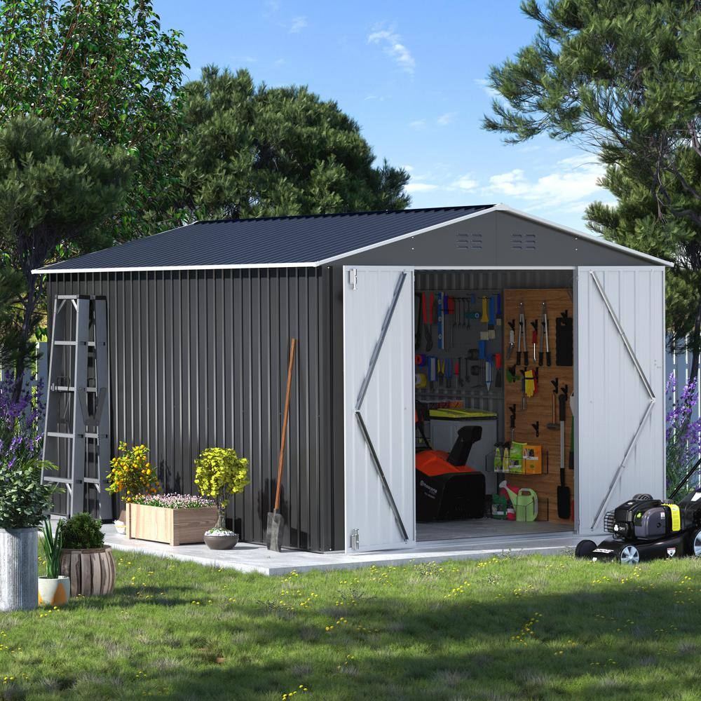 8' x 12' Gray Metal Garden Storage Shed with Double Doors
