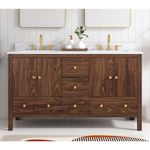 Rory 60 in W x 20 in D x 35 in H Double Sink Bath Vanity in Walnut With White Engineered Marble Stone Vanity Top
