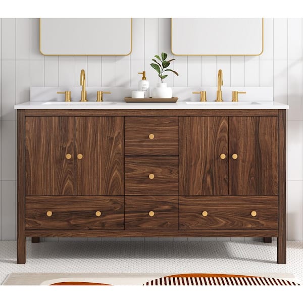 Glacier Bay Rory 60 in W x 20 in D x 35 in H Double Sink Bath Vanity in Walnut With White Engineered Marble Stone Vanity Top