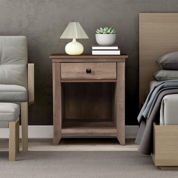 Spaco 1-Drawer Light Brown Farmhouse Nightstand with Drawer Shelf and USB Charging Station 18.9 in. W x 15.75 in. D x 24 in. H