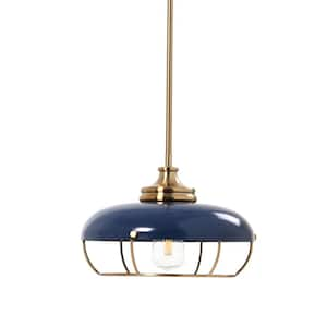 Presley 1-Light Modern Caged 2-Tone Metal Pendant Light, Brushed Brass and Navy Blue