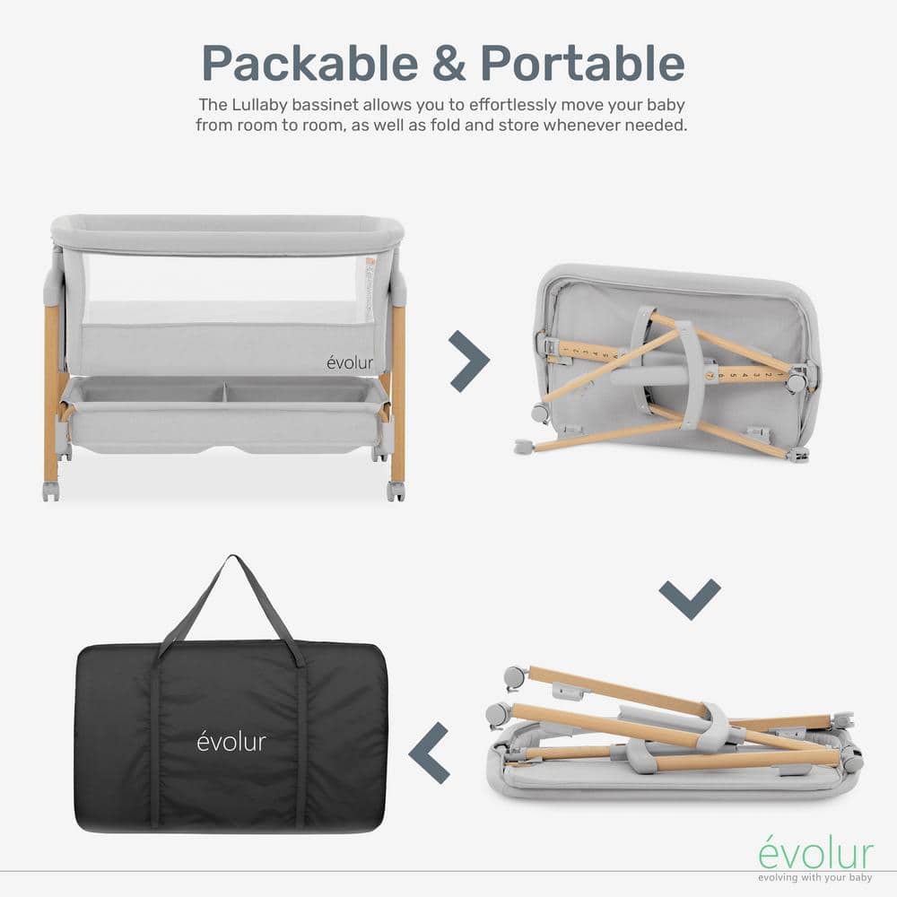 Light Gray Lullaby Portable Bassinet with wheels