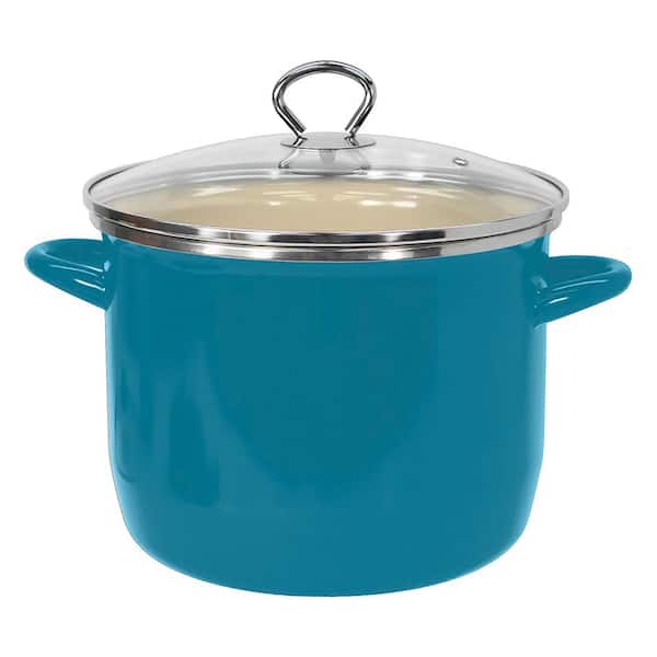 VASCONIA 8 qt. Enamel on Steel Stock Pot in Teal with Glass Lid