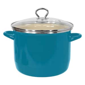 8 Qt. Enamel on Steel Stock Pot in Teal with Glass Lid
