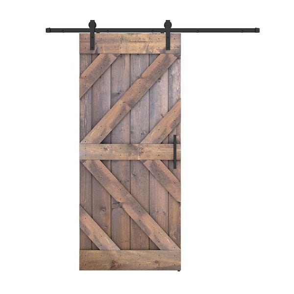 Dessliy Triple KL 36 in. x 84 in. Briar Smoke Finished Pine Wood Sliding Barn Door with Hardware Kit (DIY)
