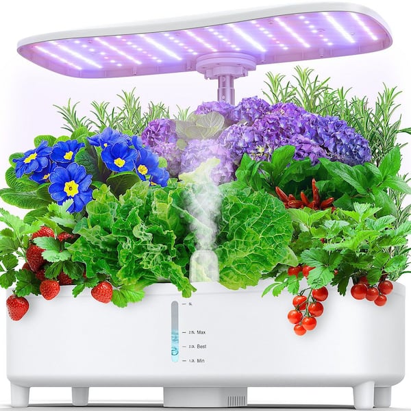 15 Pods White Hydroponics Growing System Kit with Misting Tech 48W Grow Light Indoor Garden 5L Water Capacity Gardening