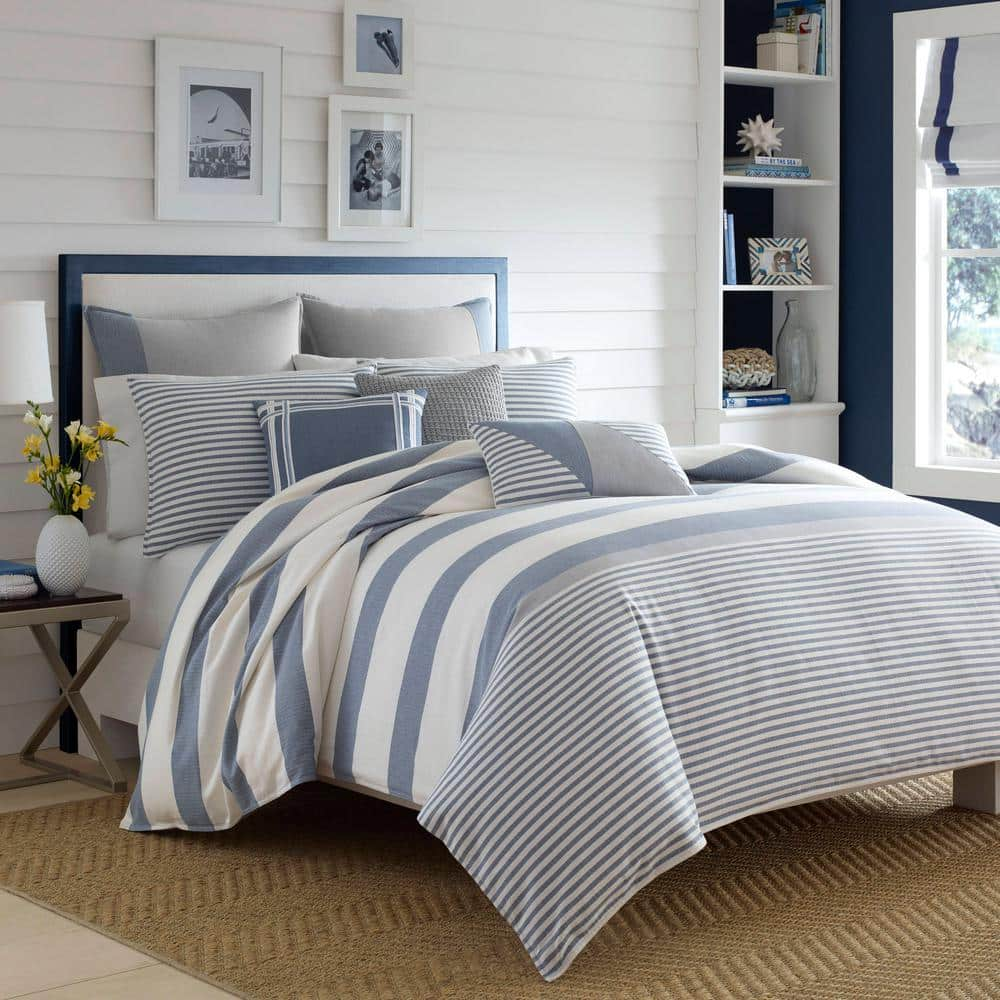 Nautica Fairwater 2-Piece Blue Striped Cotton Twin Duvet Cover Set