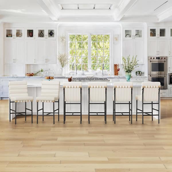 26" Beige Fabric Upholstered Armless Counter Height Bar Stools Black Metal Legs Stool w/ Tufted Back & Cushion Set of 6