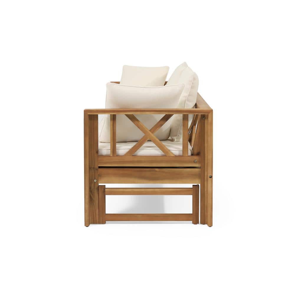 Reyes Teak Wood Outdoor Daybed Sofa with Beige Cushions