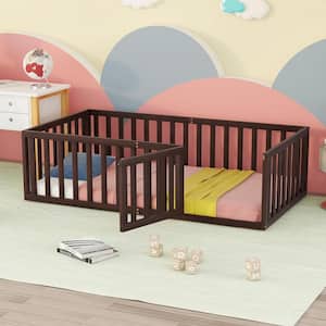 Walnut Twin Size Montessori Bed with Fence and Door, Toddler Floor Bed Frane Twin Size, Floor Bed frame for Kids
