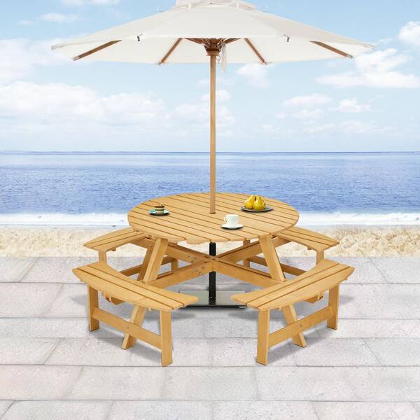 70 inch round patio table with umbrella hole 70 in. Natural Round Wood Picnic Tables Seats 8 People with Umbrella Hole  NPT-9764