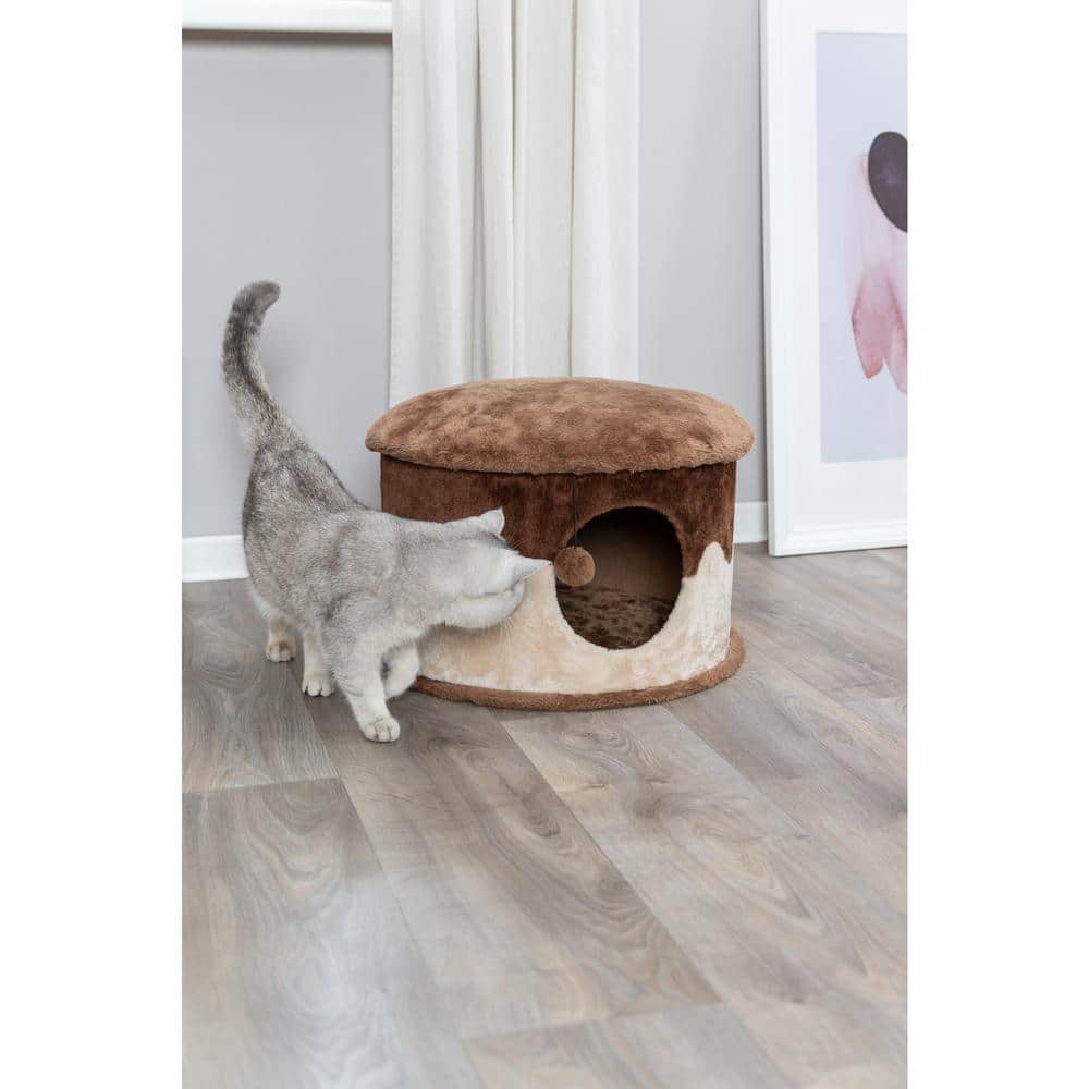 Cozy Brown and Beige Faux Fleece Cat Condo with Pom-Pom Toy