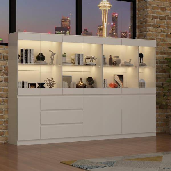 FUFU&GAGA 70.9 in. Tall x 110.2 in. W, White Wood 16-Shelf Accent Bookcase with Tempered Glass Doors, 3-Color LED Lights, Drawers