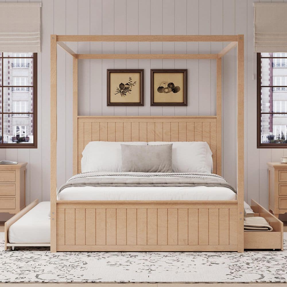White Wood Frame Queen Canopy Bed with Trundle and 3-Storage Drawers